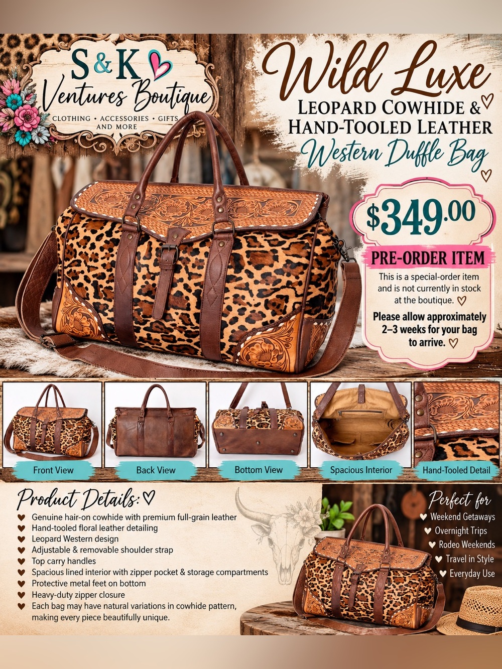 Wild Luxe Leopard Cowhide & Hand-Tooled Leather Western Duffle Bag